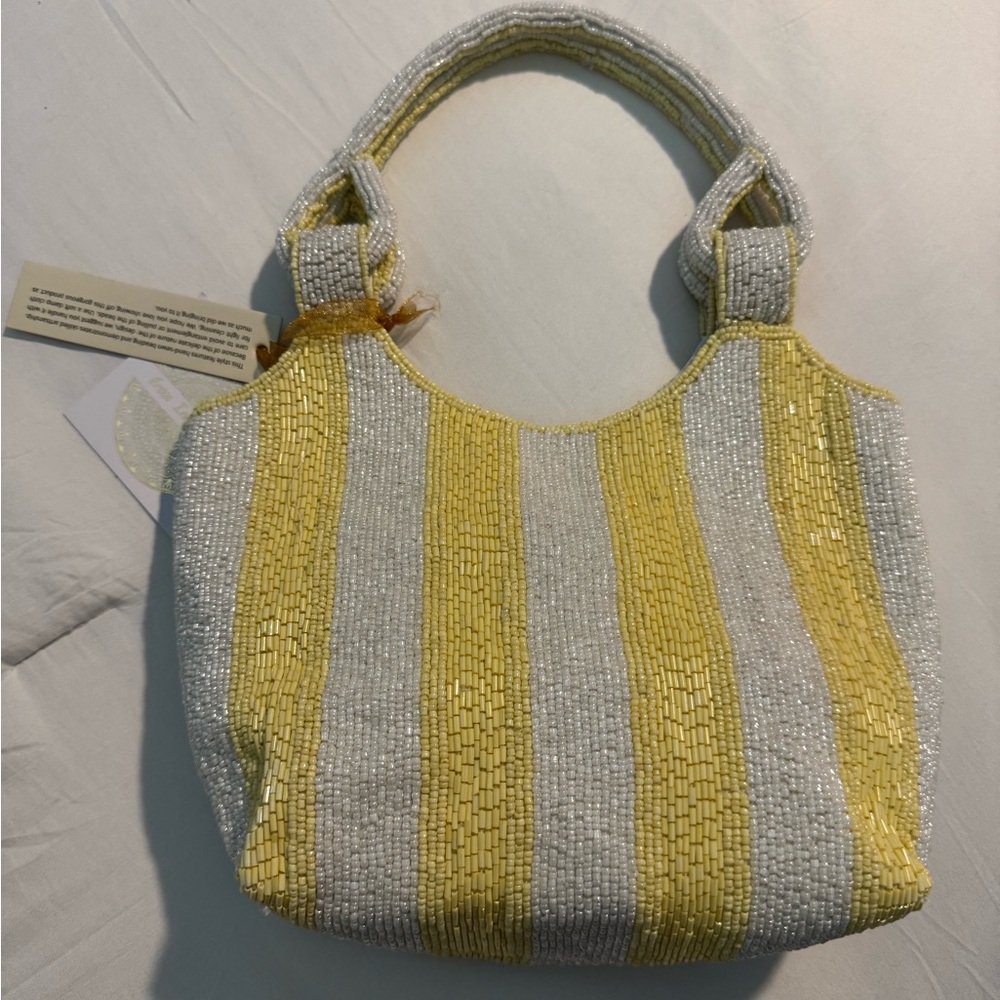 Yellow and White Stripe Beaded Bag